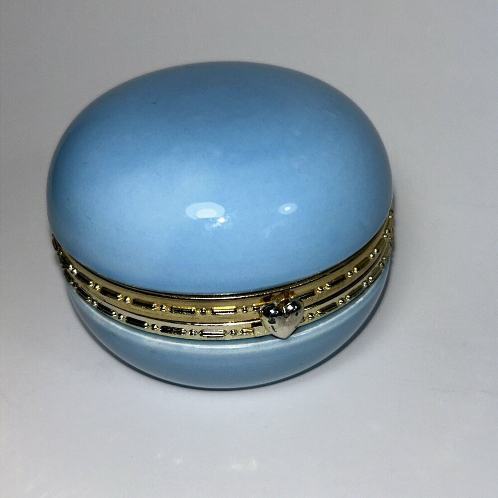 Robin eggs blue macaron Trinket box with gold trim hinged heart clasp